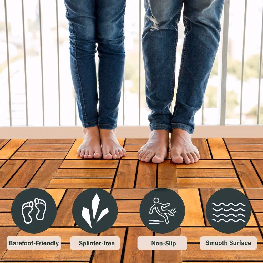 FLAVORA 6pc Interlocking Wooden Decking Tiles in Brown, W/D/H: 30 x 30 x 3 cm – 3