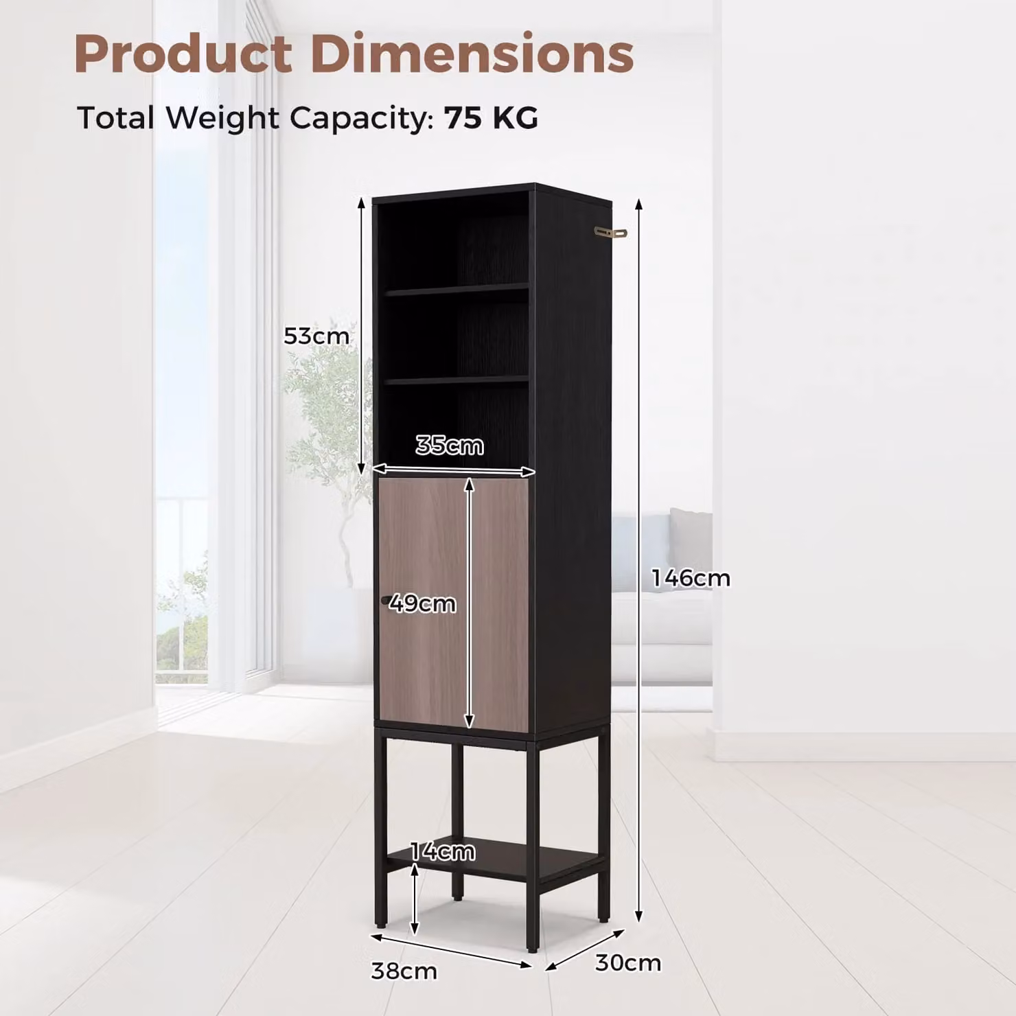 Gymax Tall Freestanding Slim Storage Cabinet in Matt Black, W/D/H: 30 x 38 x 146 cm – 2