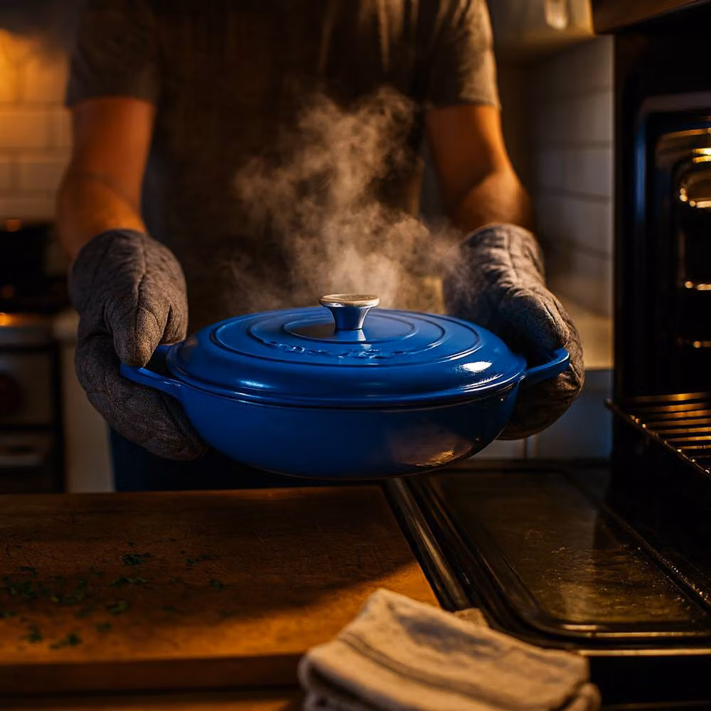 Argon Tableware Set of 2 Blue Enamel Cast Iron Shallow Casserole Dishes with Self-Basting Lids, 2.3 l each – 2
