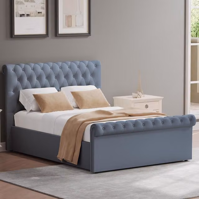 FWStyle Double Bed Frame Side Lift Ottoman Upholstered in Blue, 140 x 200 cm