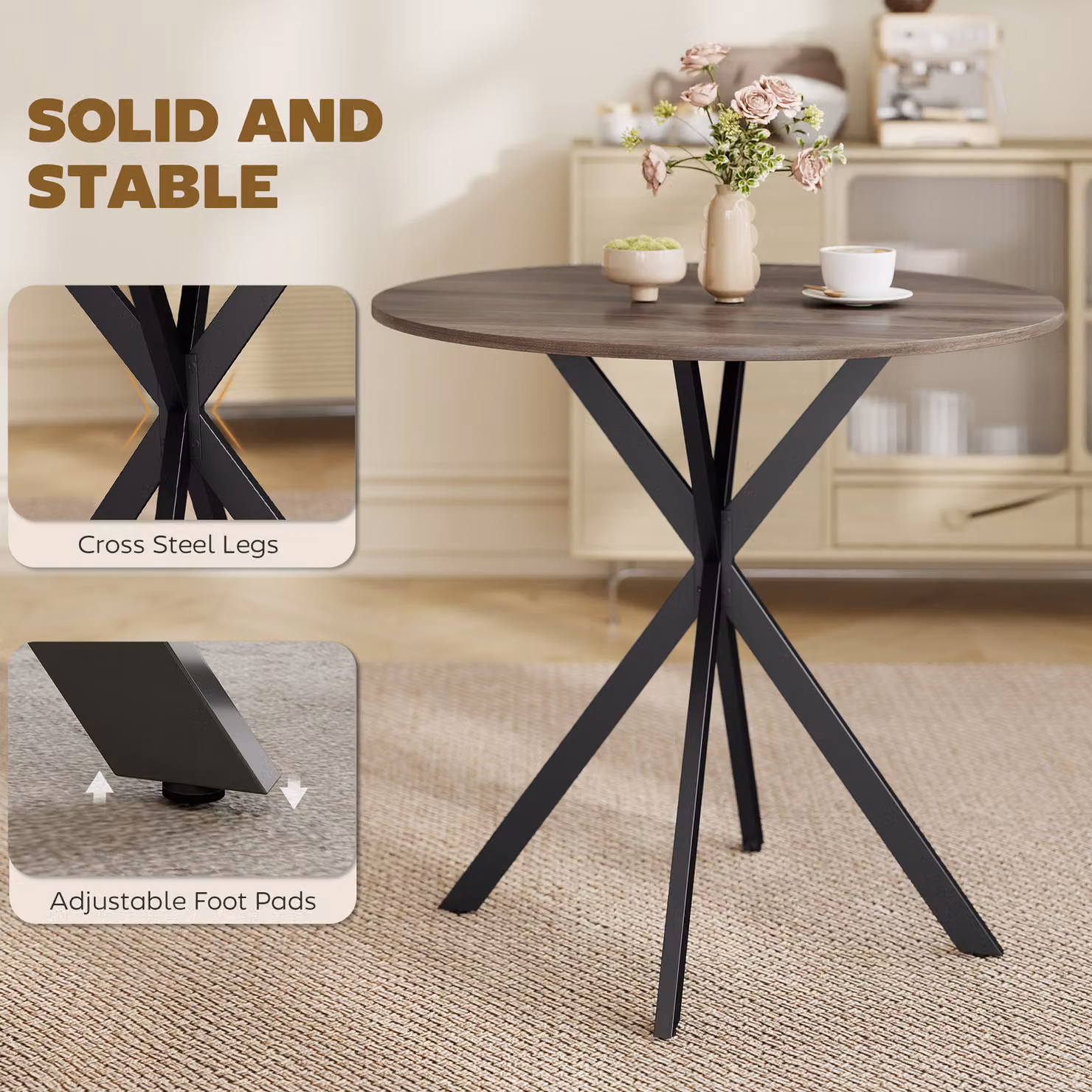 HOMCOM Industrial Round Dining Table in Brown and Black – 4