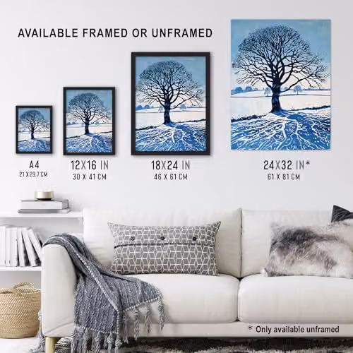 Artery8 Winter Oak Tree Silhouette Snow Field Landscape Framed Wall Art Print, White and Blue, W: 29.7 cm, H: 32.3 cm – 3
