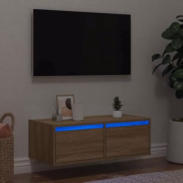 Berkfield Home Modern TV Cabinet with LED Lights in Sonoma Oak Brown, W: 75 cm, D: 35.5 cm, H: 25 cm