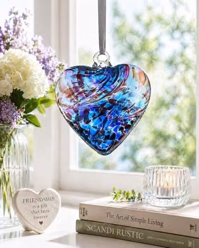 Sienna Glass Handmade Art Glass Hanging Heart Ornament in Purple and Blue, 12 cm – 4