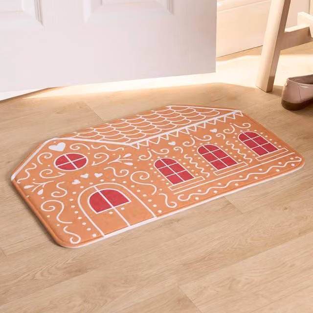 OHS Christmas Gingerbread House Washable Anti Slip Indoor Doormat, Brown and Multicolour
