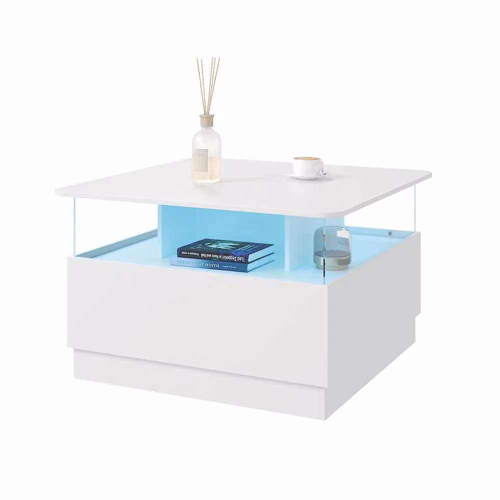 KEEPREAPER Modern White Glossy Coffee Table with 2 Drawers and LED Light – 2