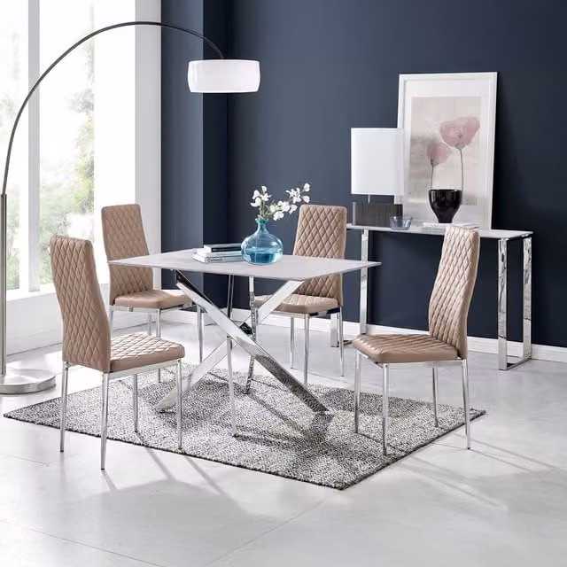 FurnitureboxUK Leonardo White Glass Marble Effect Dining Table with 4 Milan Chairs in Cappuccino