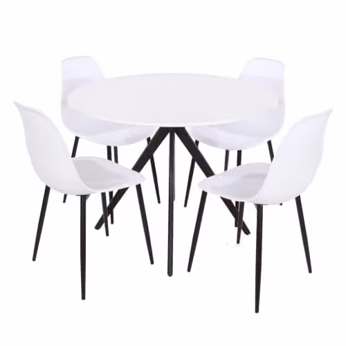 Core Products Aspen 5-Piece Dining Set with Round White Wood Table and 4 White Plastic Chairs with Black Metal Legs – 1