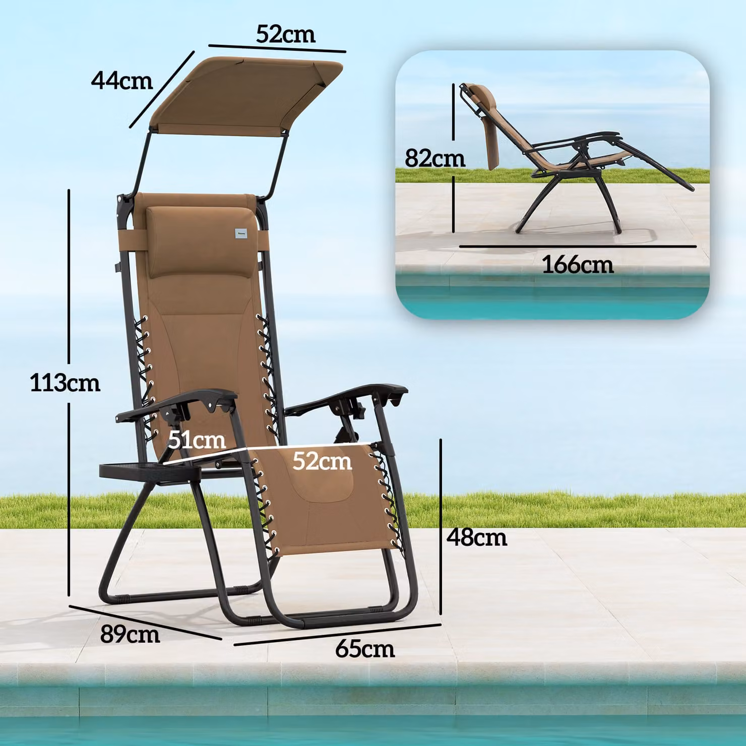 Outsunny Set of 2 Zero Gravity Lounger Chairs in Brown with Sun Canopy, Cup Holders and Adjustable Headrest – 3