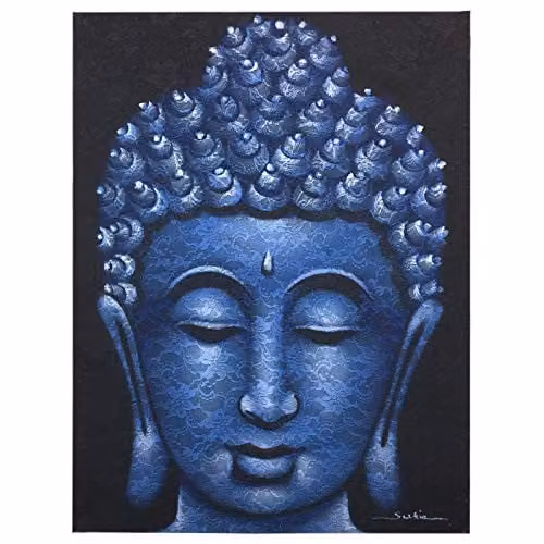 Beespoke Gifts Buddha Painting with Blue Brocade Detail and Floral Canvas Design
