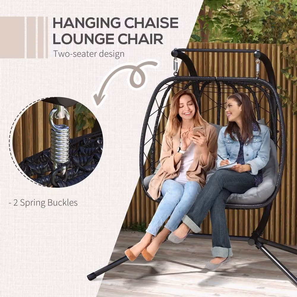 ERGOVEXA Two-Seater Hanging Egg Chair with Steel Frame, Black, H 189 x W 132 x D 132 cm – 5