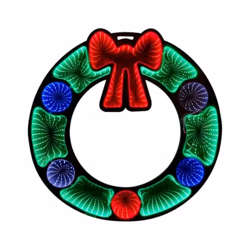Christmas Shop Infinity Mirror Wreath LED 3D Illusion Lamp in Green and Multicolour, 60 cm