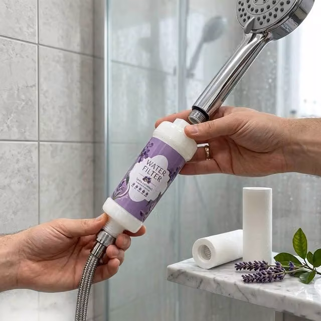 INMTFEI Lavender Shower Filter Cartridge Hard Water Purifier for Hair and Skin in Purple and White