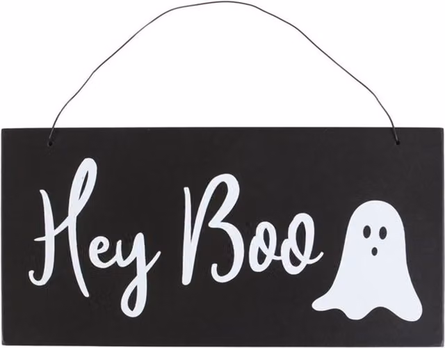 Something Different Hey Boo Spooky Season Hanging Sign with Ghost Typography, Black