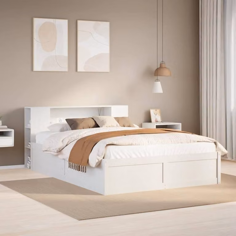 Berkfield Home White Solid Wood Pine Bed Frame with Side Compartments, W/D/H: 150 x 200 cm