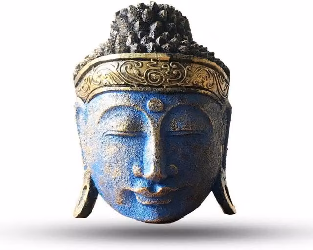 KDMD Blue Handcrafted Buddha Head Statue, Ethnic Wood Tabletop Decor, Height: 25 cm