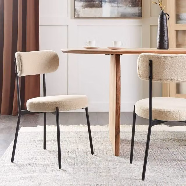 Wyld and Coco Set of 2 Dining Chairs in Light Beige Bouclé with Black Metal Legs – 1