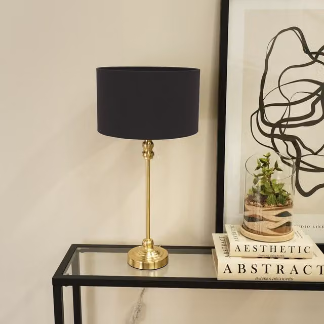 ValueLights Maggie Gold Table Lamp with Grey Fabric Drum Shade