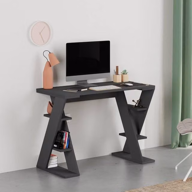 Decortie Papillon Modern Writing Desk with Integrated Mini Storage Shelves in Grey