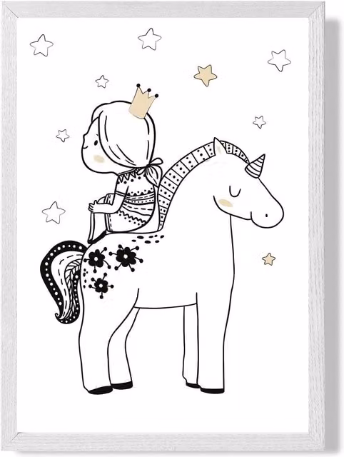 ARTZE Scandi Princess Little Sitting on Unicorn Framed Paper Poster, Black and White