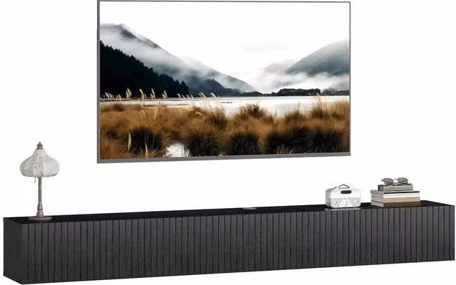 EONLION Black Wall Mount TV Stand Cabinet with Fluted Flip Design