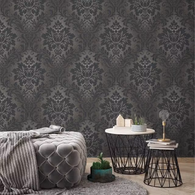 Grandeco Fabric Damask Wallpaper in Charcoal, Silver, Grey and Anthracite