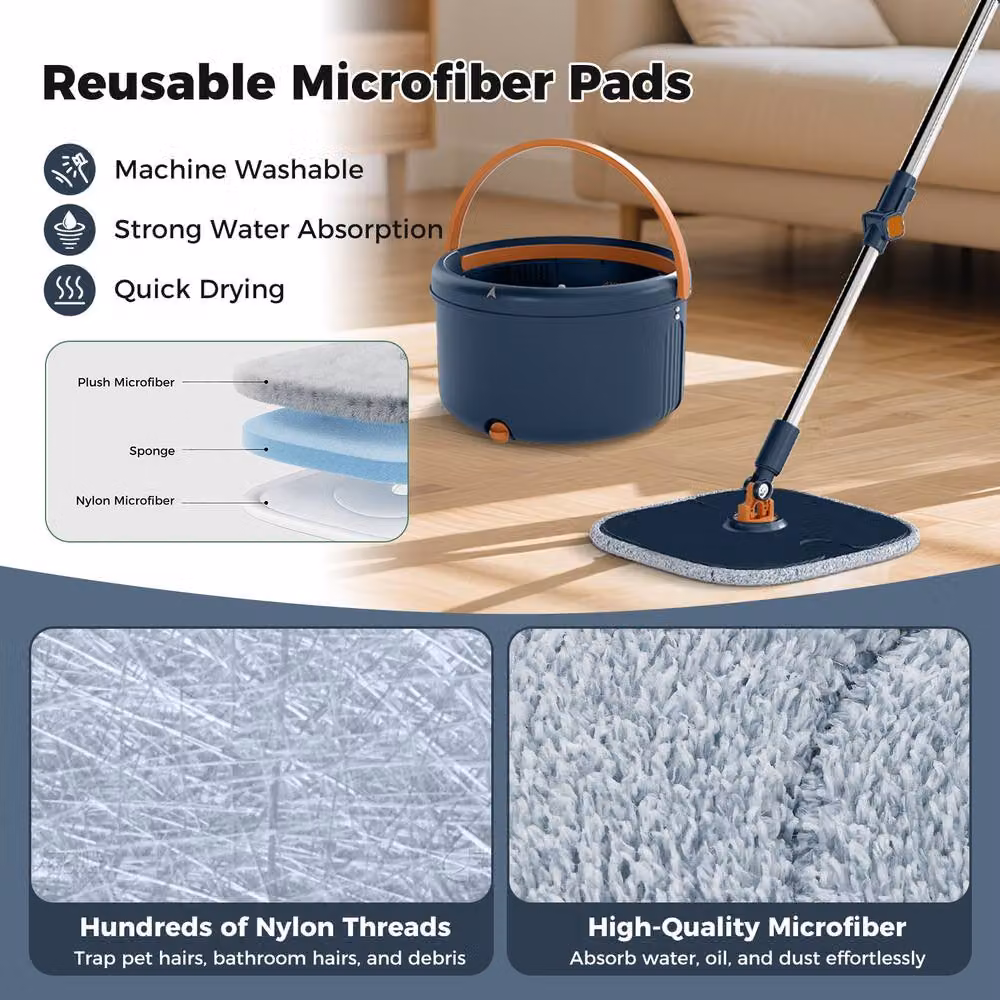 Costway Mop and Bucket Set with Wringer and 8 Microfibre Pads in Blue – 6