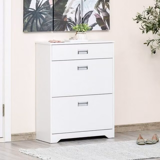HOMCOM Modern White Tipping Shoe Cabinet with Tilting Compartments for Hallways