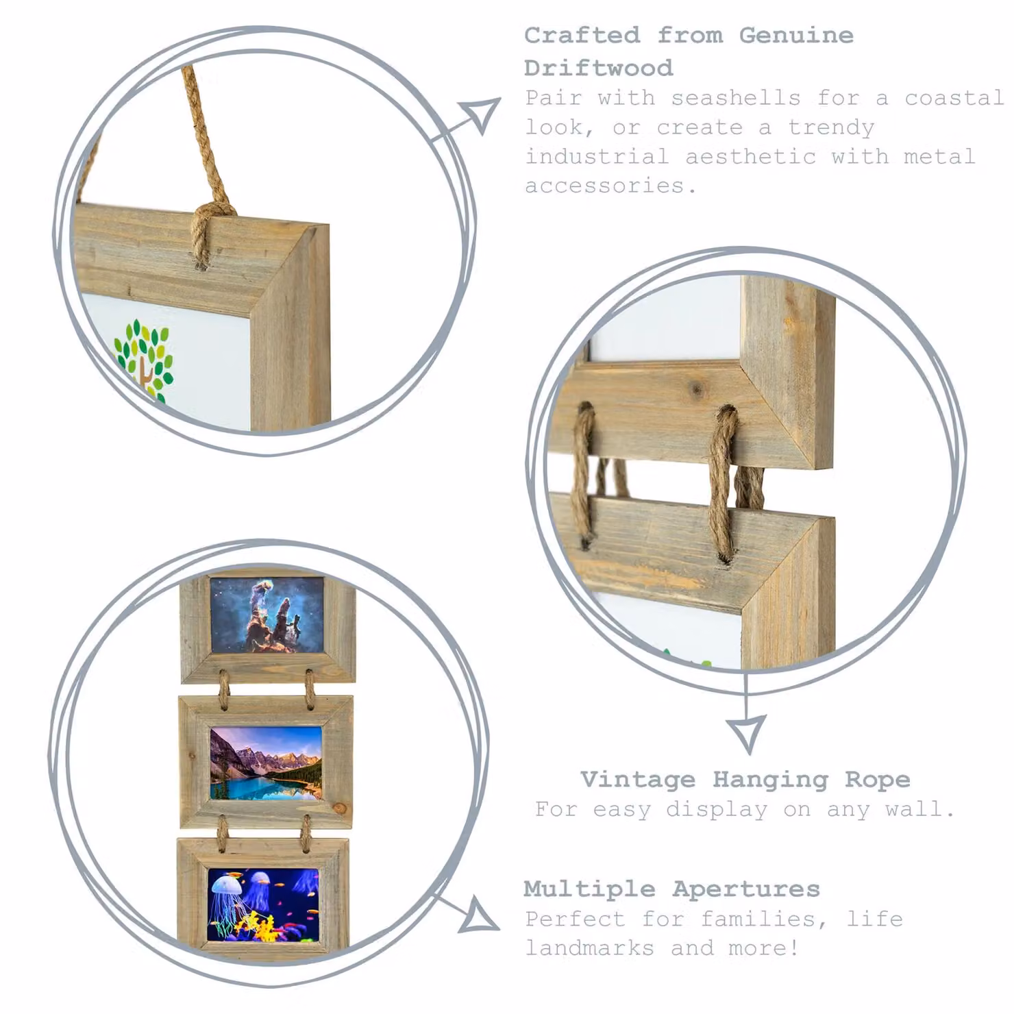 Nicola Spring Shabby Chic Rustic Wooden Hanging 5 Photo Frame Set, Brown, 10 x 15 cm – 2