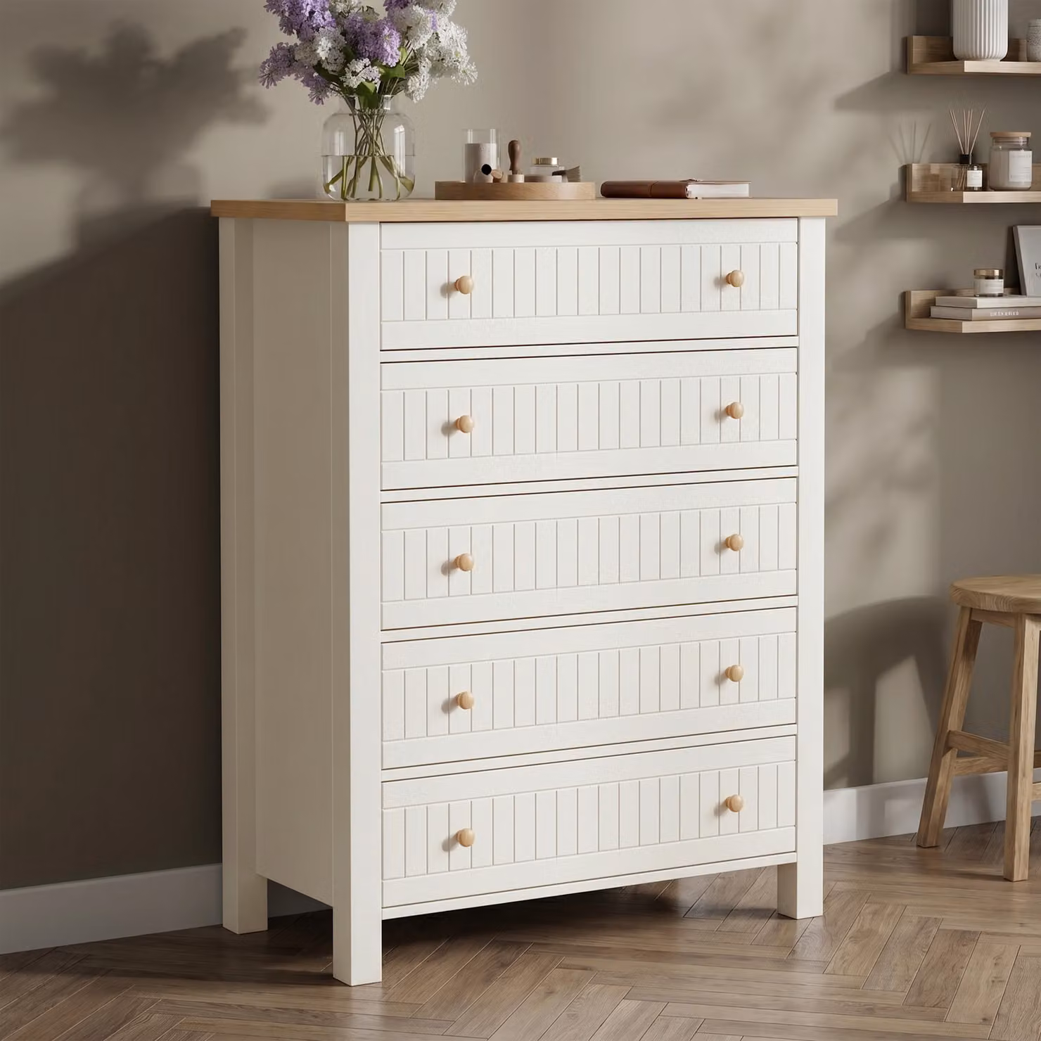 DHS Linra White Painted Tall 5 Chest of Drawers