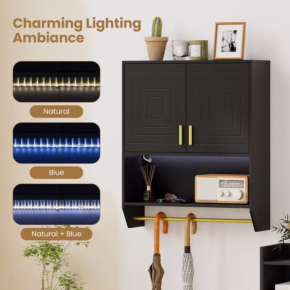 Costway Wall Mounted Black Bathroom Cabinet with Integrated Lighting and Internal Shelves – 6