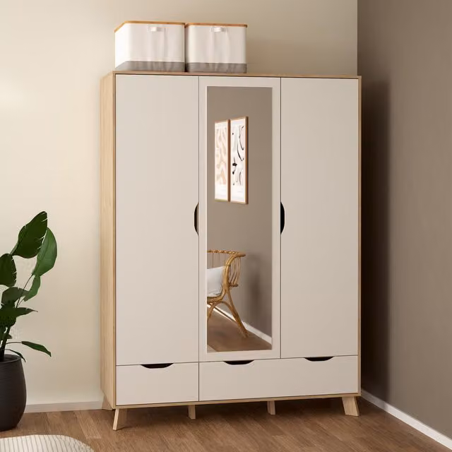 Furniture To Go Ikast Wardrobe with 3 Doors, 2 Drawers and Mirror in Jackson Hickory and White