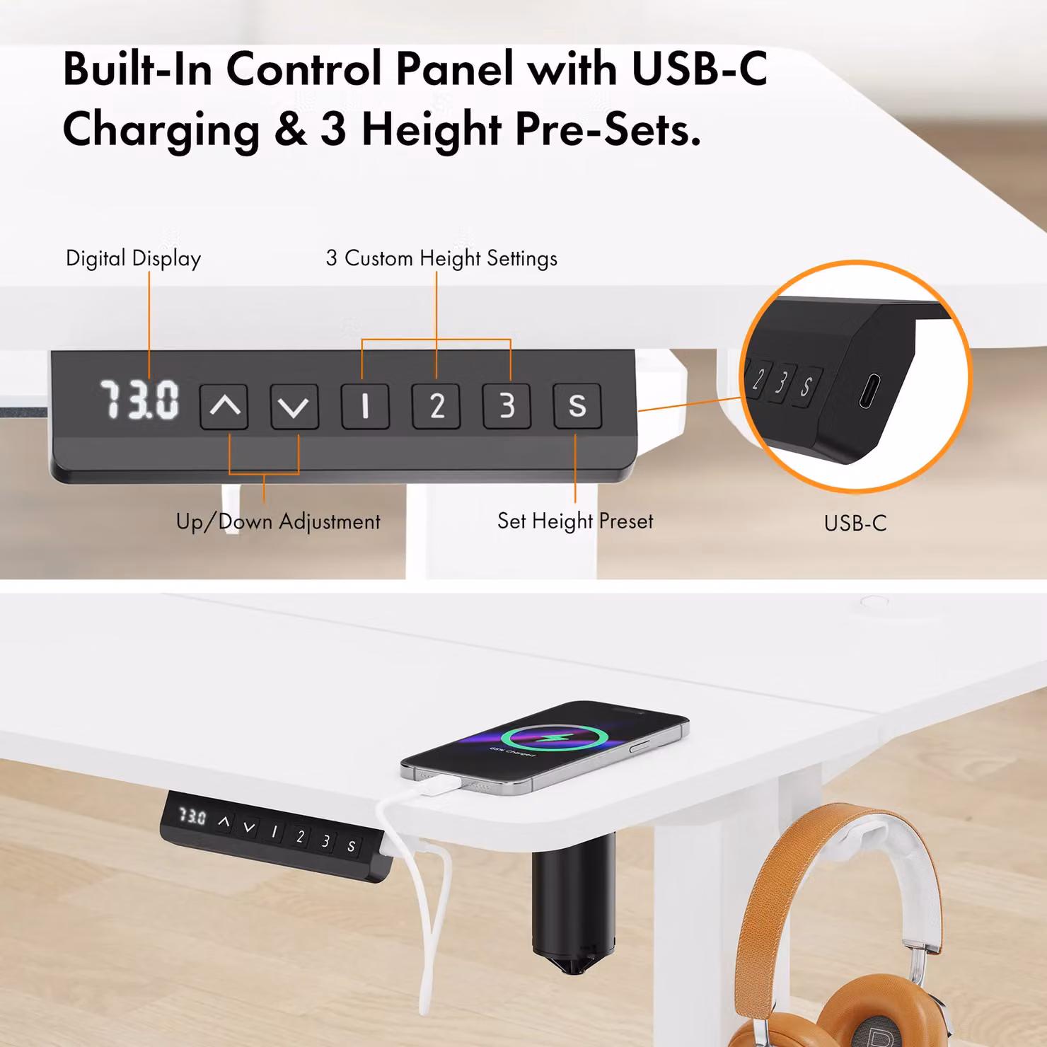 VonHaus Electric Height Adjustable Standing Desk with USB-C Charging in White – 5