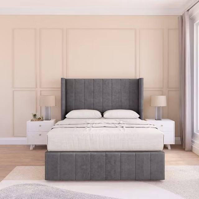 Sloomy Melbourne Plush Wingback Bed Set in Grey with Floor Standing Headboard, W/D/H: 140 x 200 cm