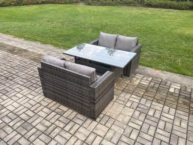 Fimous 4 Seater Rattan Garden Furniture Set with Oblong Rectangular Dining Table in Dark Grey Mixed