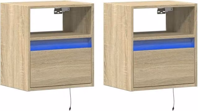 Berkfield Home Set of 2 Wall-mounted Bedside Cabinets with Integrated LED Lights in Sonoma Oak Tan