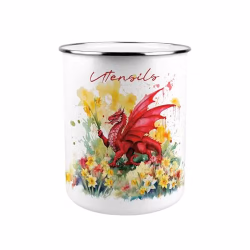 Purely Home Welsh Dragon and Daffodils Metal Utensil Holder, White, W/D/H: 18 x 18 x 16.5 cm