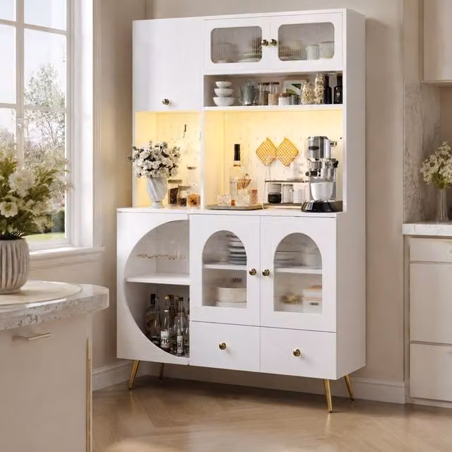 STILVORA Modern Tall Kitchen Cabinet in White with Integrated Lighting, Soft-Close Doors and Bottle Rack – 1