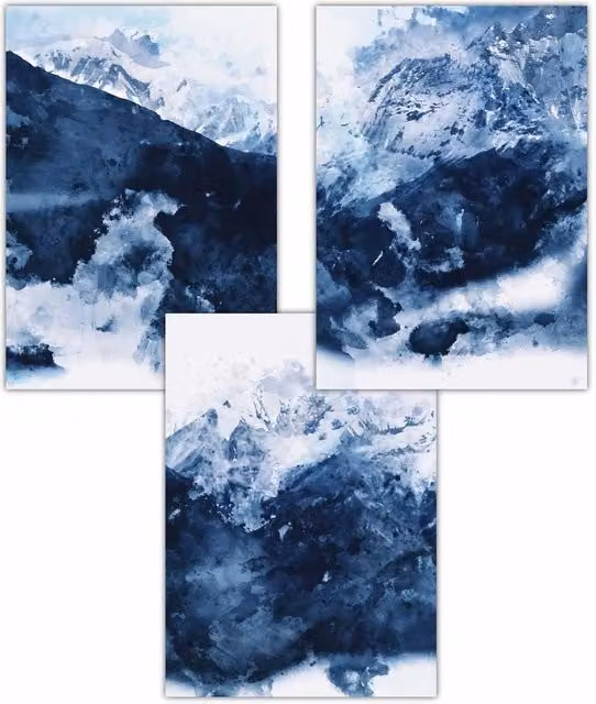ARTZE Set of 3 Abstract Blue and White Mountain Landscape Paper Posters, W: 59 cm, H: 84 cm