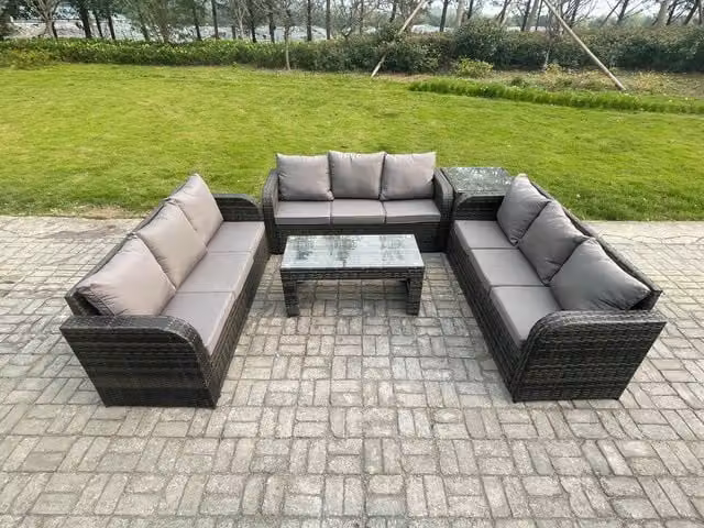 Fimous Rattan Outdoor Lounge Sofa Set with Rectangular Coffee Table and Side Table in Dark Grey Mixed