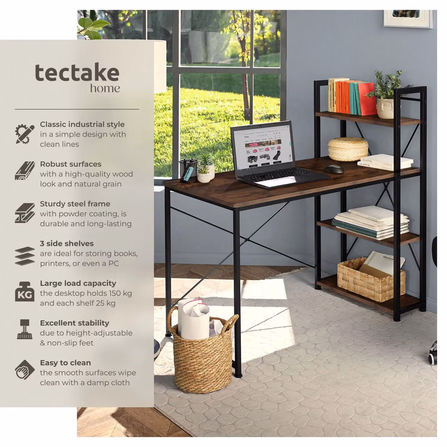 tectake Hershey Computer Desk with Integrated 3-Compartment Shelf in Brown – 2