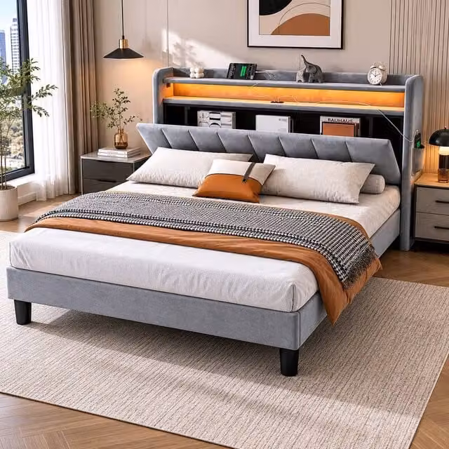 STILVORA Grey Upholstered Double Bed with LED Lighting, USB Charging Port and Under-Bed Storage, W/D/H: 140 x 190 x 135 cm