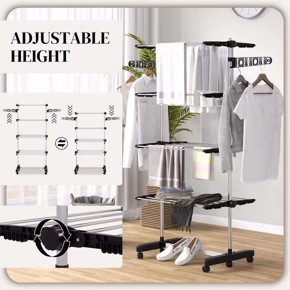 STILVORA Foldable Stainless Steel Clothes Airer with 4 Shelves, Side Arms and Wheels in Black – 3