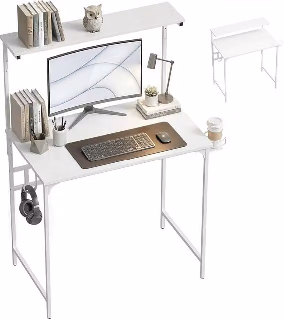 Rolipo White Computer Desk with Hutch Shelf, Cup Holder and Hook