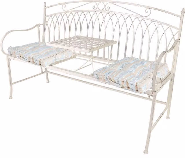 Dibor Vintage Large Arched Metal Garden Companion Seat Bench in Cream with Blue Cushions – 1