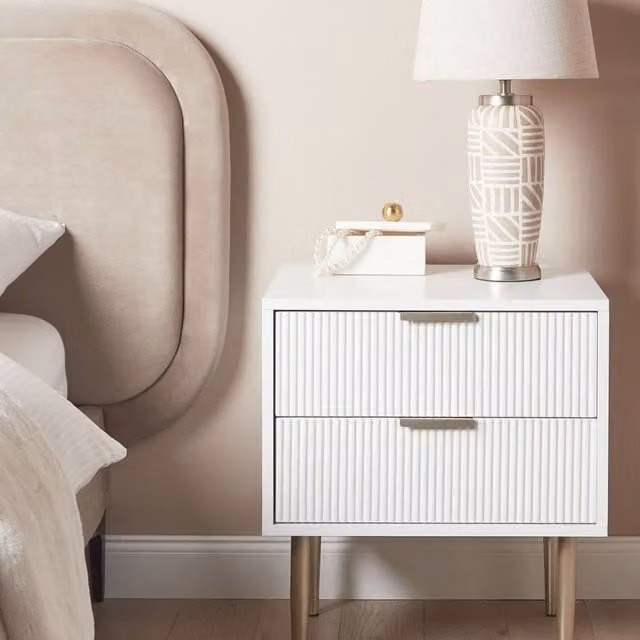 Wyld and Coco Modern White MDF Bedside Table with Two Drawers and Metal Legs – 1