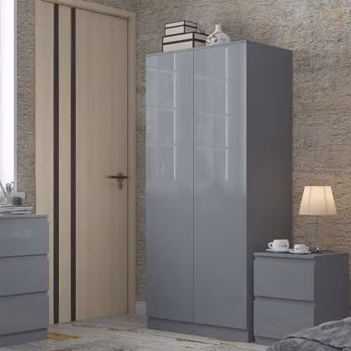 FWStyle Stora Grey Gloss 2 Door Double Wardrobe with Soft Close and Push to Open, H 180 x W 80 x D 50 cm – 2