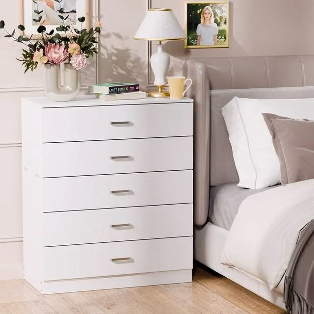 VOGREX 5-Drawer White Chest of Drawers and Bedside Table, W/D/H: 75 x 36 x 90 cm – 1