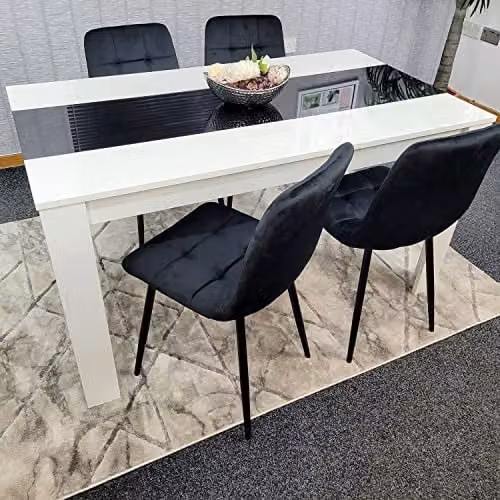 Kosy Koala Modern Dining Table Set with 4 Black Velvet Chairs and White Glass Top, W/D/H: 140 x 80 x 75 cm – 6
