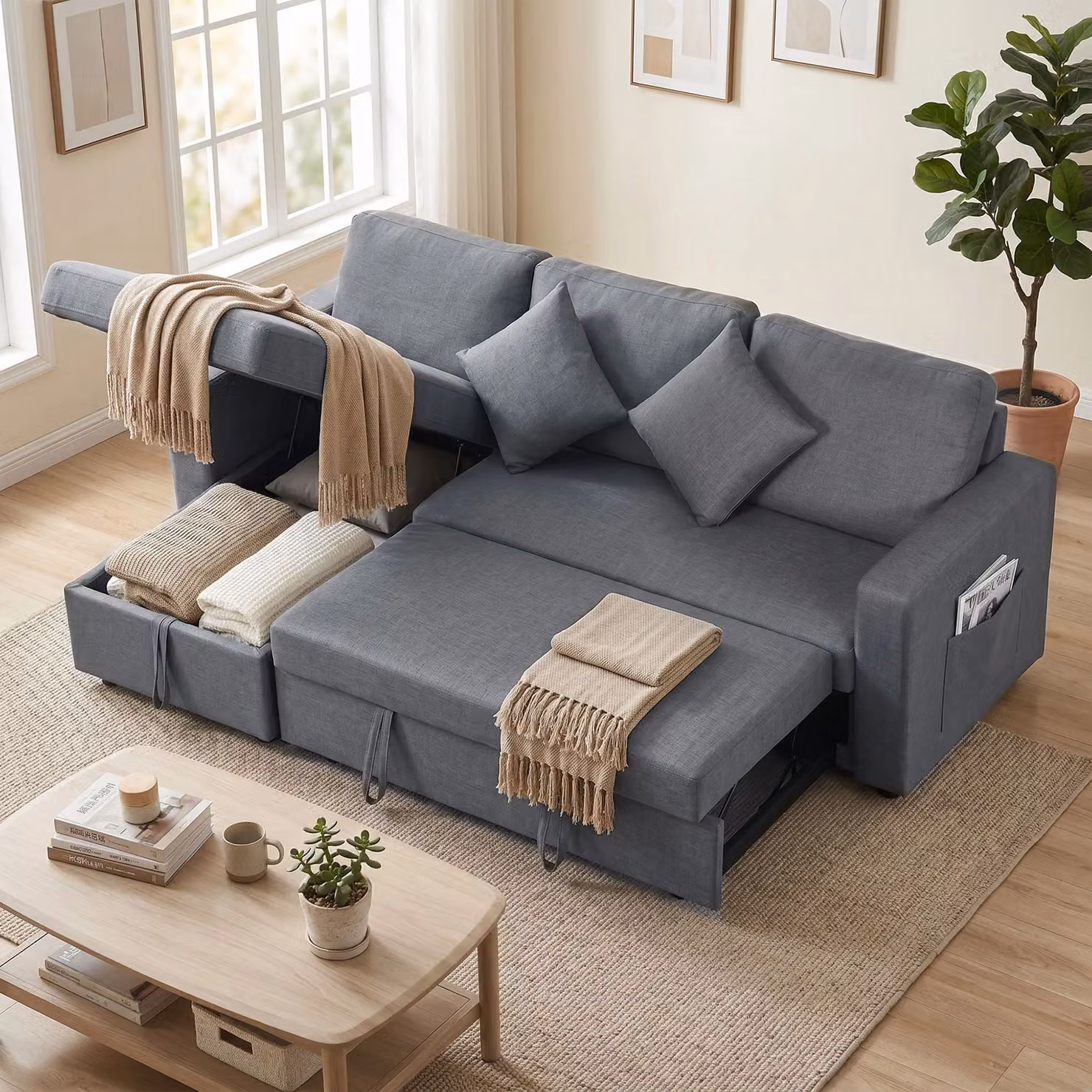 HOMCOM 3 Seater L-Shape Corner Sofa Bed with Reversible Chaise and Storage, Grey – 2